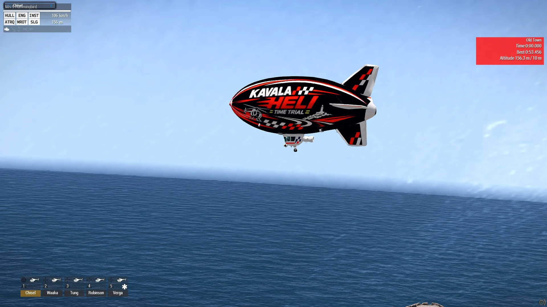 The race blimp drifting above the course.