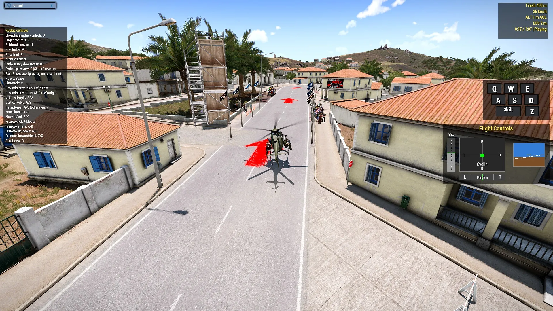 Helicopter replay in chase view with recorded flight controls displayed alongside it.