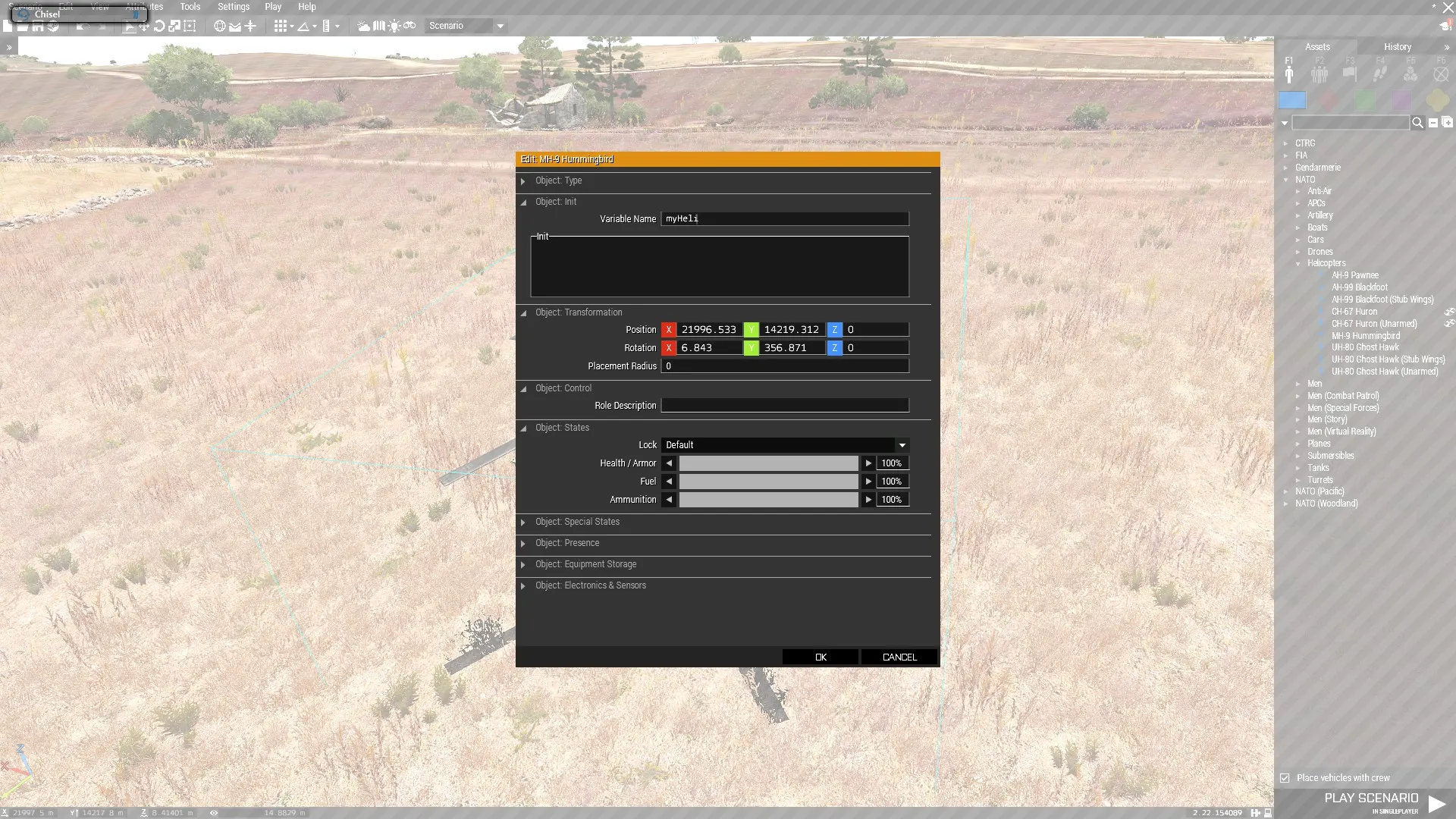The MH-9 Hummingbird Attributes window in Eden, with myHeli entered in Variable Name under Object: Init.