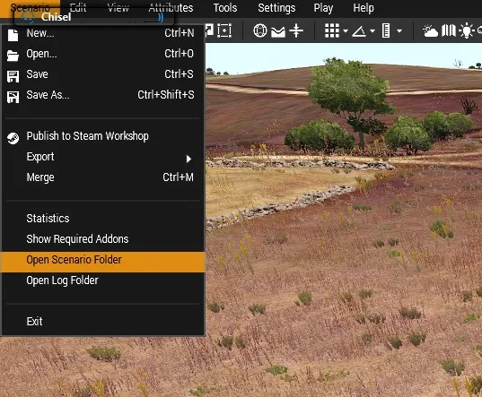 The Scenario menu in Eden with Open Scenario Folder selected.