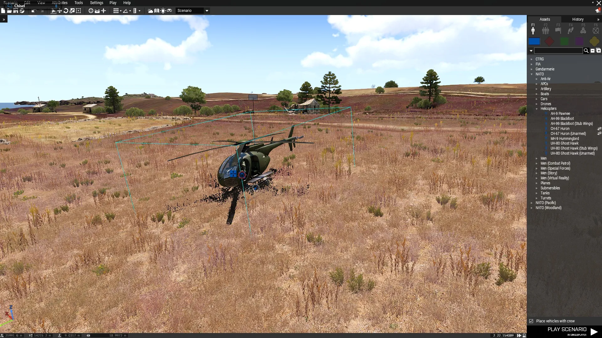 An MH-9 Hummingbird placed on Altis in Eden, with Place vehicles with crew enabled.