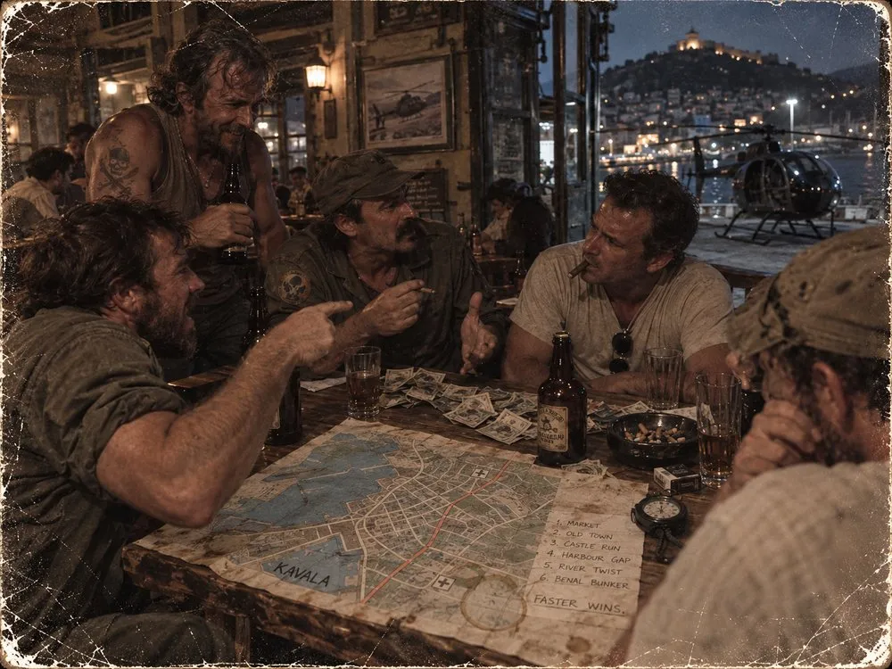 Helicopter pilots argue over a hand-drawn Kavala route in a harbour-side bar.