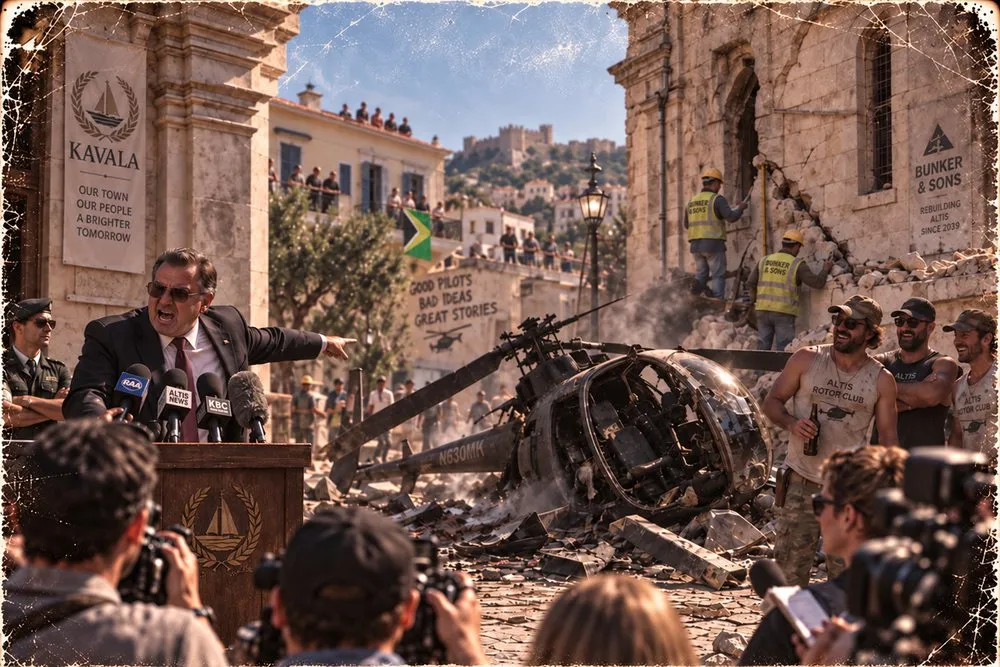 The Mayor addresses the press beside the wreckage while Rotor Club pilots look on.