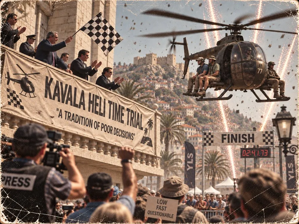 A sanctioned race passes the finish line amid flags and fireworks.