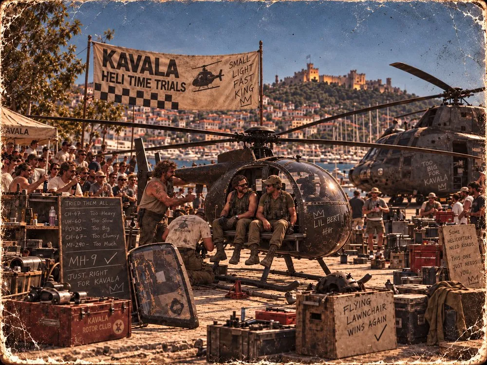 The Hummingbird sits among larger helicopters as pilots debate which aircraft suits Kavala.