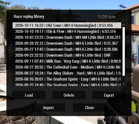 The replay Library is where saved attempts can be reviewed, loaded, exported for sharing, imported, or deleted.
