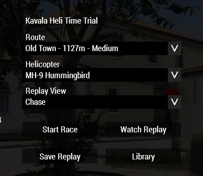 Before starting, the race dialog lets you select the route and helicopter.