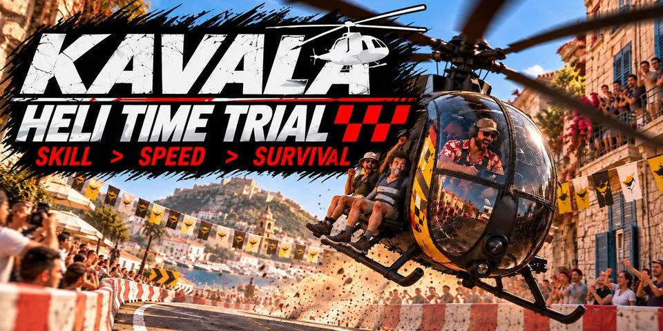Kavala Heli Time Trial artwork with a helicopter racing through the city streets.