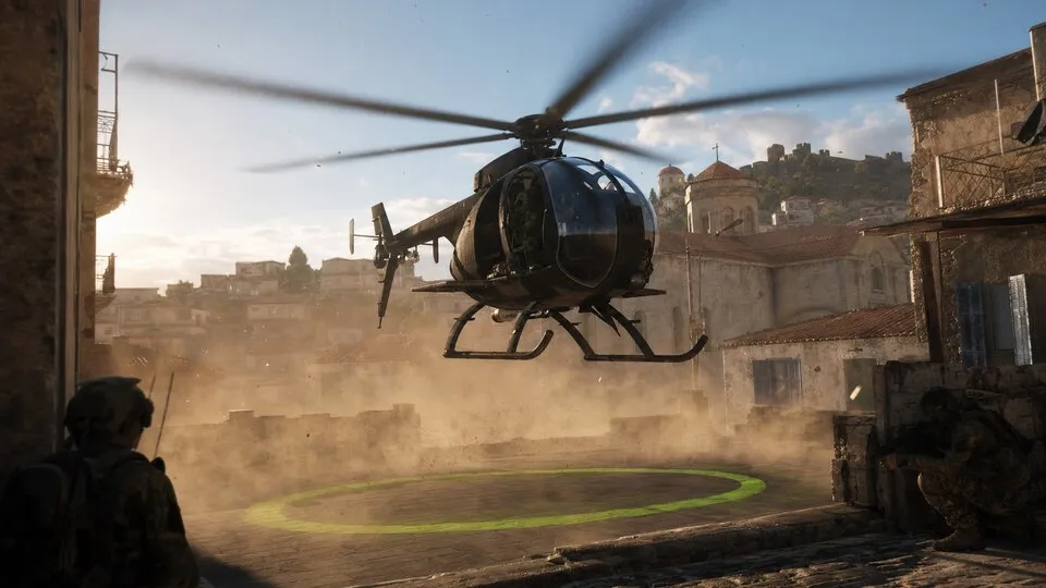 A helicopter approaching a marked landing zone in Kavala.