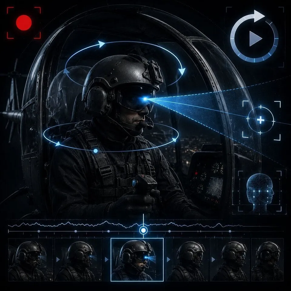 A pilot surrounded by directional markers illustrating replay camera head tracking.